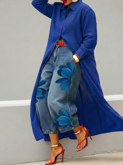 Rhona - Button Down Shirt and Printed Jeans Set
