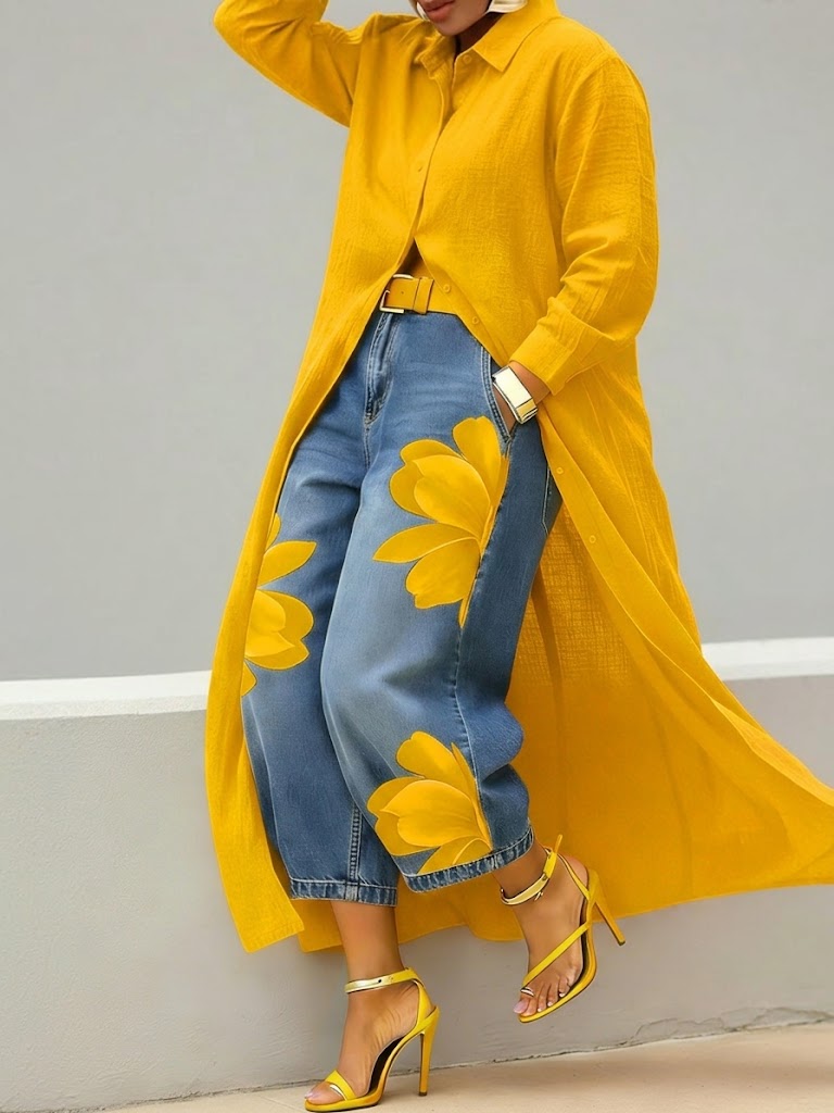 Rhona - Button Down Shirt and Printed Jeans Set