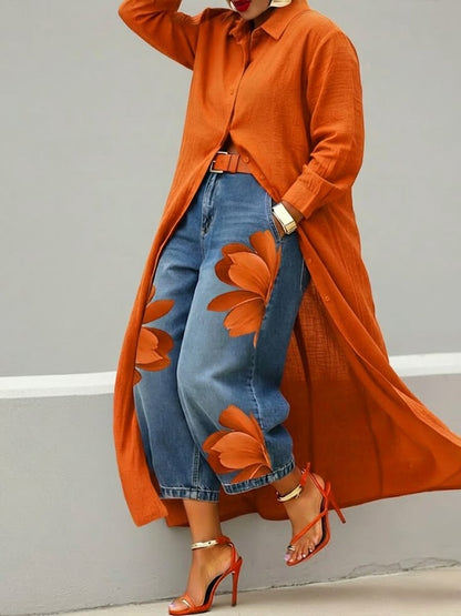 Rhona - Button Down Shirt and Printed Jeans Set