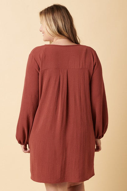 Rust V Neck Balloon Sleeve Dress