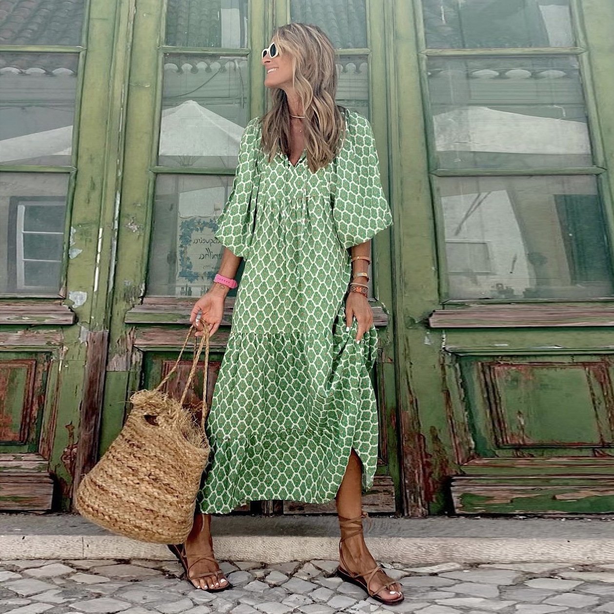 🌸🌸Big price reduction🌸Women's Elegant Puff Sleeve Floral Boho Maxi Dress