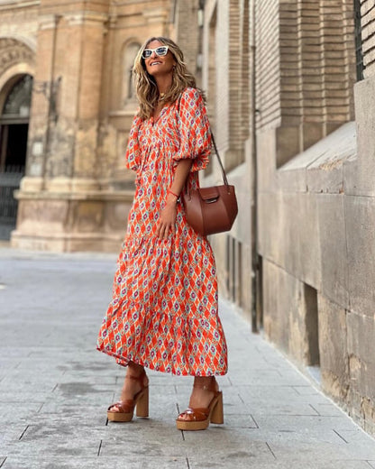 🌸🌸Big price reduction🌸Women's Elegant Puff Sleeve Floral Boho Maxi Dress