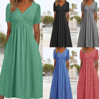 👗💙 70% OFF TODAY! ✨ Women’s V-Neck Short Sleeve Long Dress 🌸 Elegant Flowing Fit, Comfortable Fabric & Effortless Everyday Style