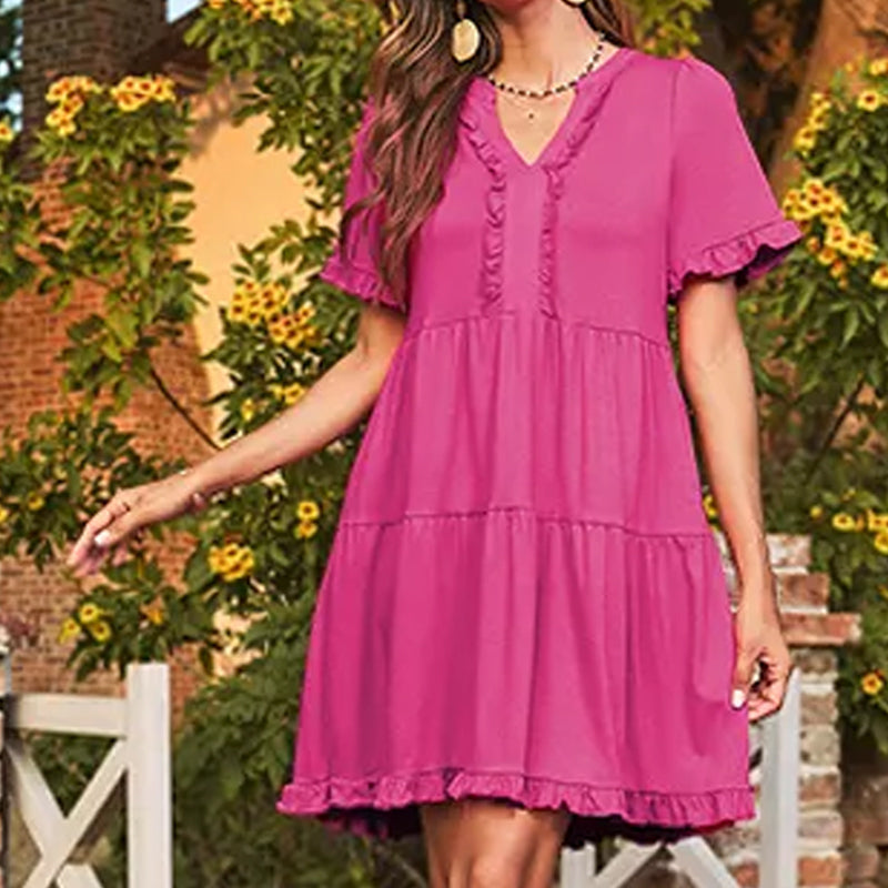 🔥🔥2026 Summer Hot Sale 50% OFF🌈Women's V Neck Ruffle Casual A-Line Flowy Swing Shift Dress