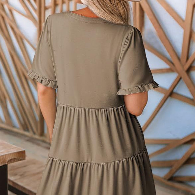 🔥🔥2026 Summer Hot Sale 50% OFF🌈Women's V Neck Ruffle Casual A-Line Flowy Swing Shift Dress