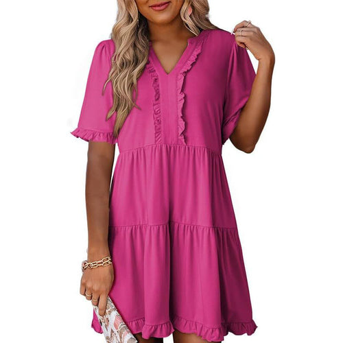 🔥🔥2026 Summer Hot Sale 50% OFF🌈Women's V Neck Ruffle Casual A-Line Flowy Swing Shift Dress