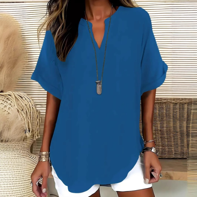 💎 50% OFF! 💎 Fashion Loose Short Sleeve Top – Notched V-Neck, Asymmetrical Hem & Lightweight Fabric (5 Colors, S–2XL) 👕🌸