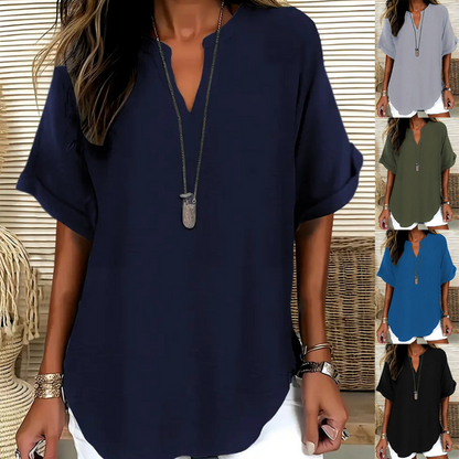 💎 50% OFF! 💎 Fashion Loose Short Sleeve Top – Notched V-Neck, Asymmetrical Hem & Lightweight Fabric (5 Colors, S–2XL) 👕🌸