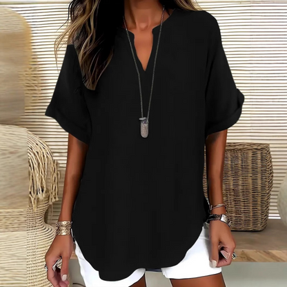 💎 50% OFF! 💎 Fashion Loose Short Sleeve Top – Notched V-Neck, Asymmetrical Hem & Lightweight Fabric (5 Colors, S–2XL) 👕🌸