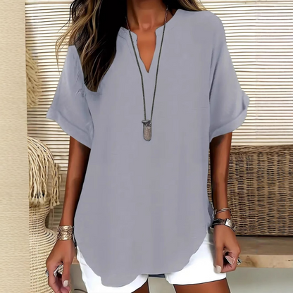 💎 50% OFF! 💎 Fashion Loose Short Sleeve Top – Notched V-Neck, Asymmetrical Hem & Lightweight Fabric (5 Colors, S–2XL) 👕🌸