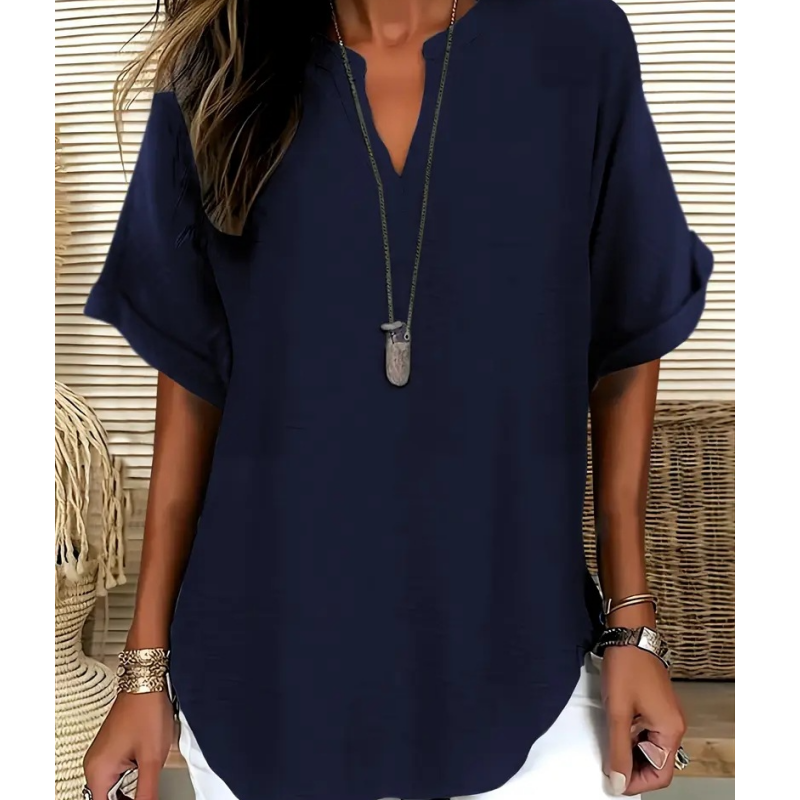 💎 50% OFF! 💎 Fashion Loose Short Sleeve Top – Notched V-Neck, Asymmetrical Hem & Lightweight Fabric (5 Colors, S–2XL) 👕🌸