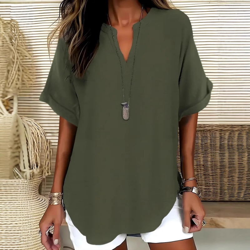 💎 50% OFF! 💎 Fashion Loose Short Sleeve Top – Notched V-Neck, Asymmetrical Hem & Lightweight Fabric (5 Colors, S–2XL) 👕🌸