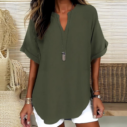 💎 50% OFF! 💎 Fashion Loose Short Sleeve Top – Notched V-Neck, Asymmetrical Hem & Lightweight Fabric (5 Colors, S–2XL) 👕🌸