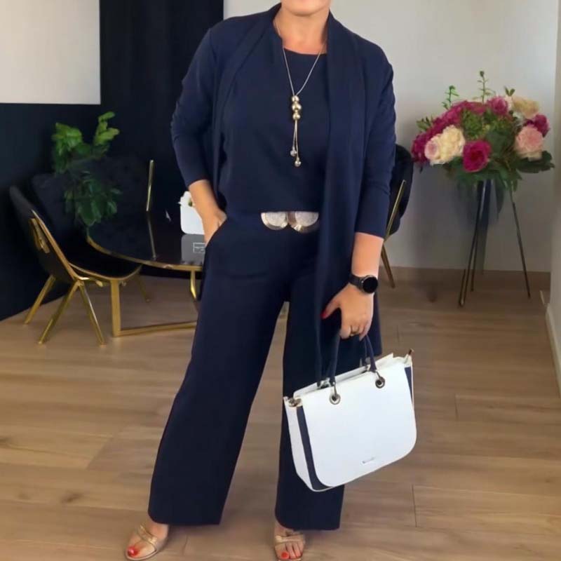 New Arrival✨3-Piece Set with Short Sleeve Top, Wide-Leg Pants & Long Cardigan – Effortless Layered Style