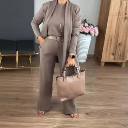 New Arrival✨3-Piece Set with Short Sleeve Top, Wide-Leg Pants & Long Cardigan – Effortless Layered Style