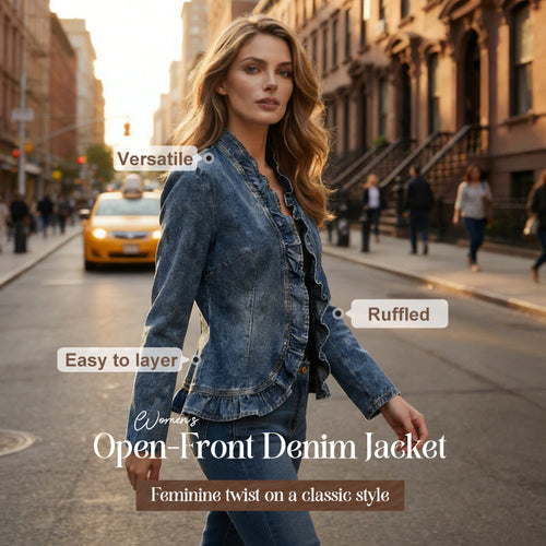 Women's Ruffle Trim Open-Front Denim Jacket