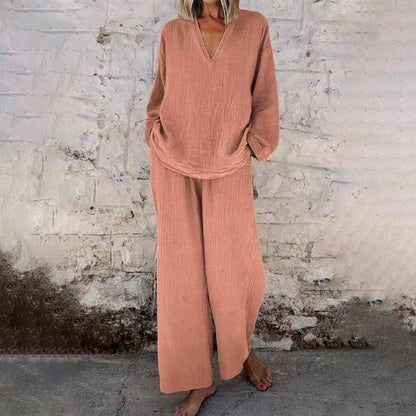 📢Casual Solid Color V-Neck Long Sleeve Top & Wide-Leg Pants Set