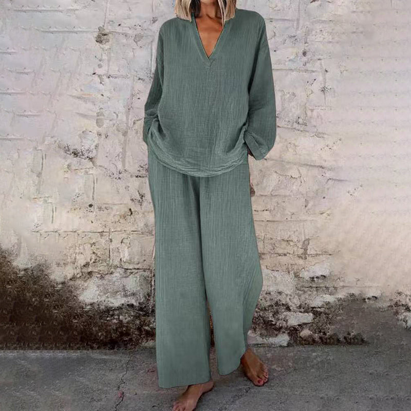 📢Casual Solid Color V-Neck Long Sleeve Top & Wide-Leg Pants Set