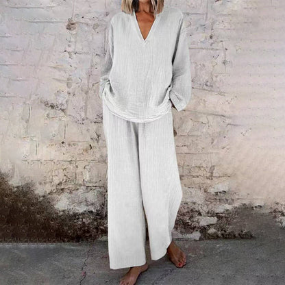 📢Casual Solid Color V-Neck Long Sleeve Top & Wide-Leg Pants Set