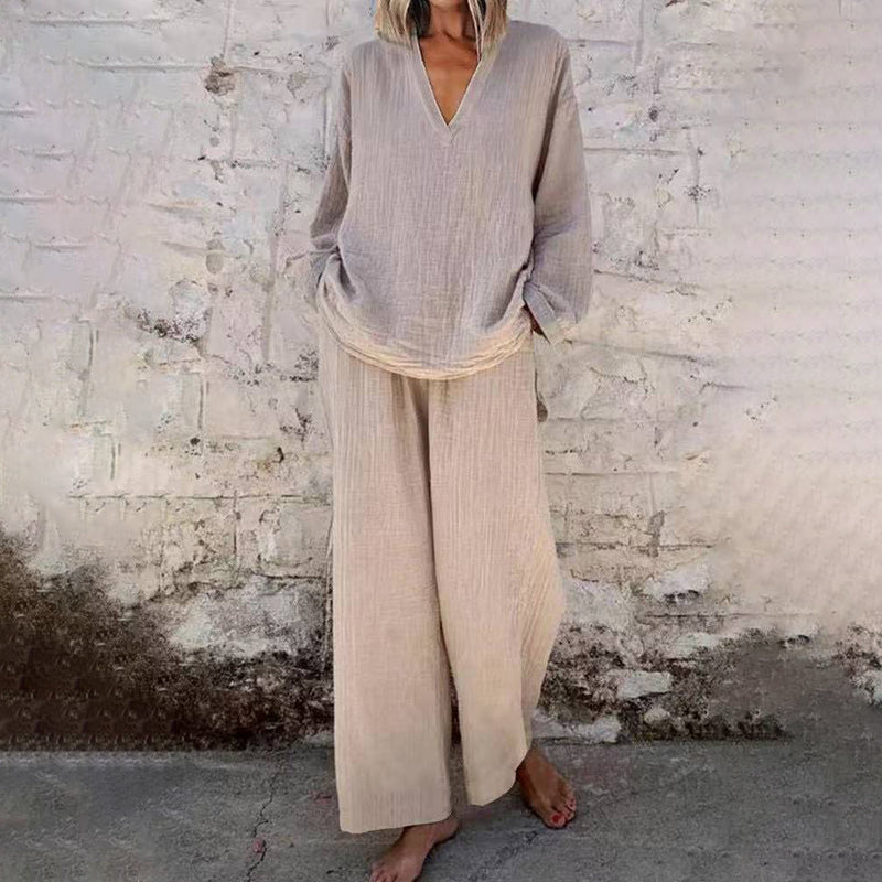 📢Casual Solid Color V-Neck Long Sleeve Top & Wide-Leg Pants Set