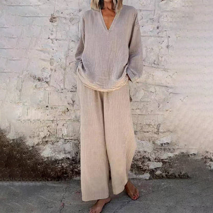 📢Casual Solid Color V-Neck Long Sleeve Top & Wide-Leg Pants Set