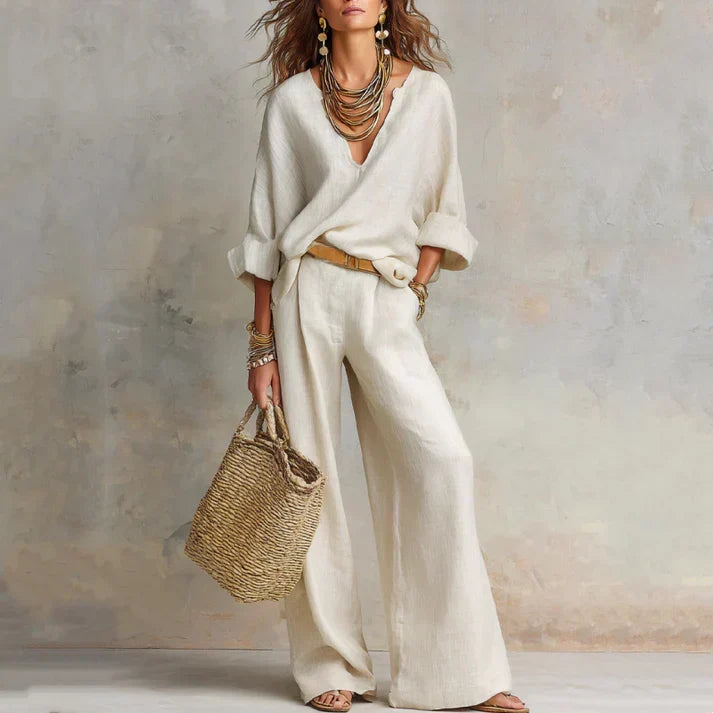 Zelora - Lightweight V-Neck Top & Wide-Leg Pants Set