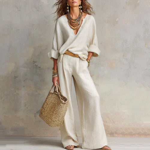 Zelora - Lightweight V-Neck Top & Wide-Leg Pants Set