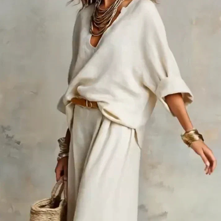 Zelora - Lightweight V-Neck Top & Wide-Leg Pants Set