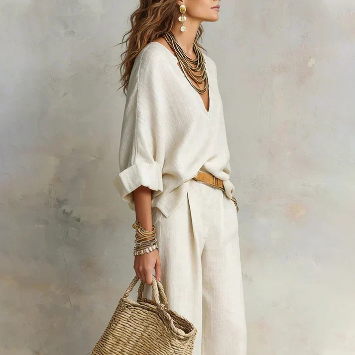 Zelora - Lightweight V-Neck Top & Wide-Leg Pants Set