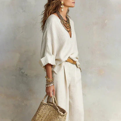 Zelora - Lightweight V-Neck Top & Wide-Leg Pants Set