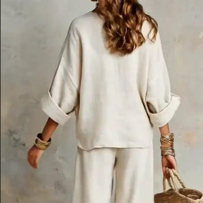 Zelora - Lightweight V-Neck Top & Wide-Leg Pants Set