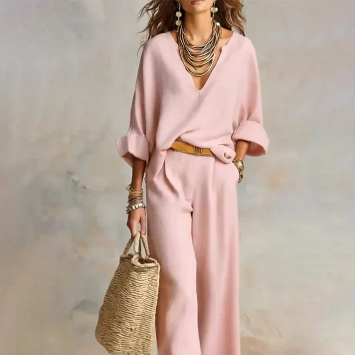 Zelora - Lightweight V-Neck Top & Wide-Leg Pants Set