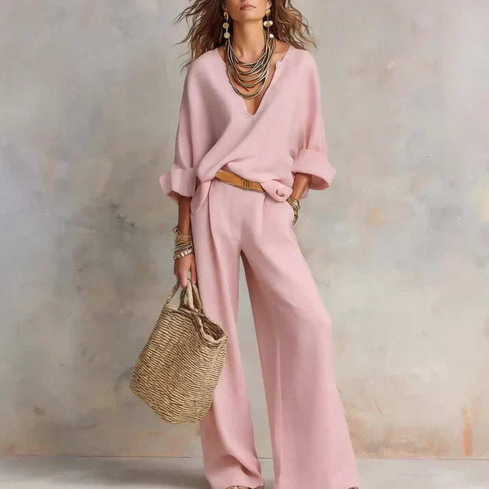 Zelora - Lightweight V-Neck Top & Wide-Leg Pants Set