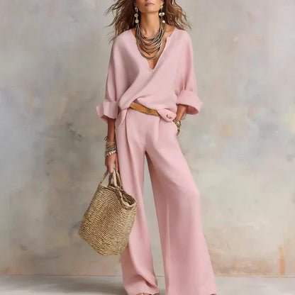 Zelora - Lightweight V-Neck Top & Wide-Leg Pants Set