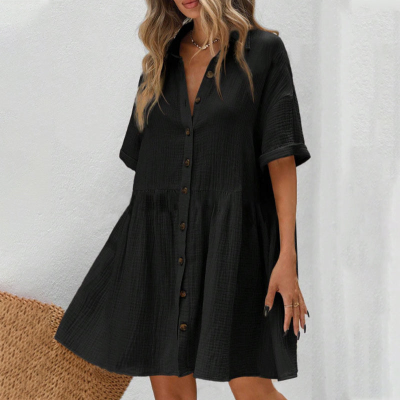 💃2026 Summer Hot Sale 70% OFF✨Women's Short Sleeve Button Down Textured Babydoll Dress Dress with Pockets