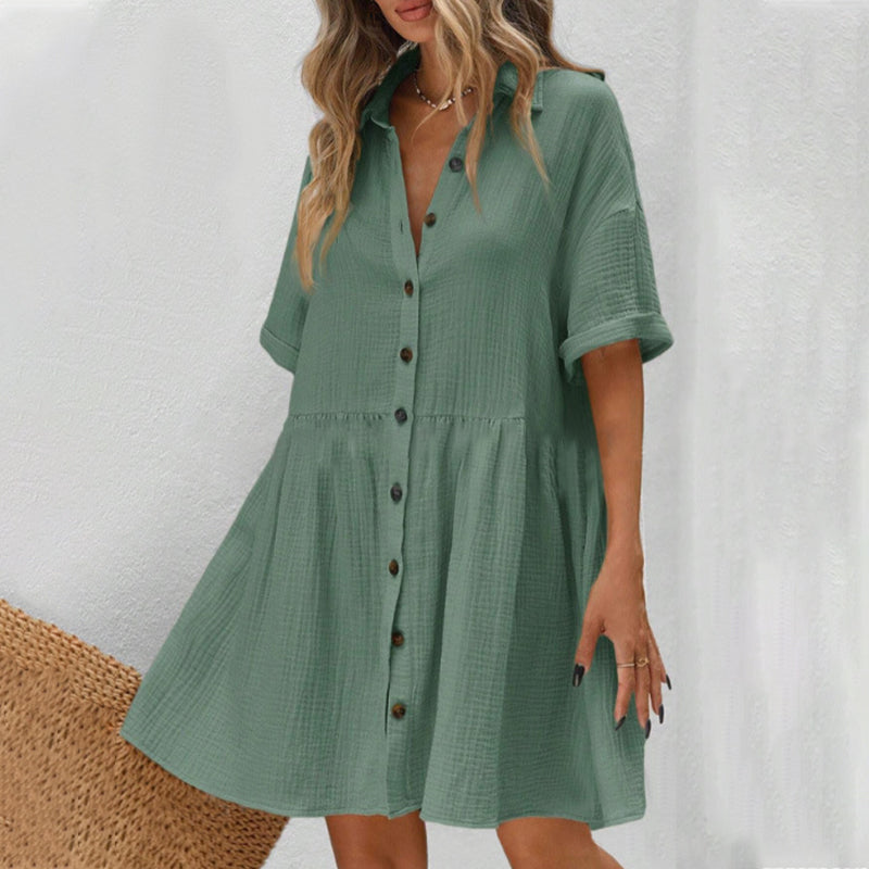 💃2026 Summer Hot Sale 70% OFF✨Women's Short Sleeve Button Down Textured Babydoll Dress Dress with Pockets