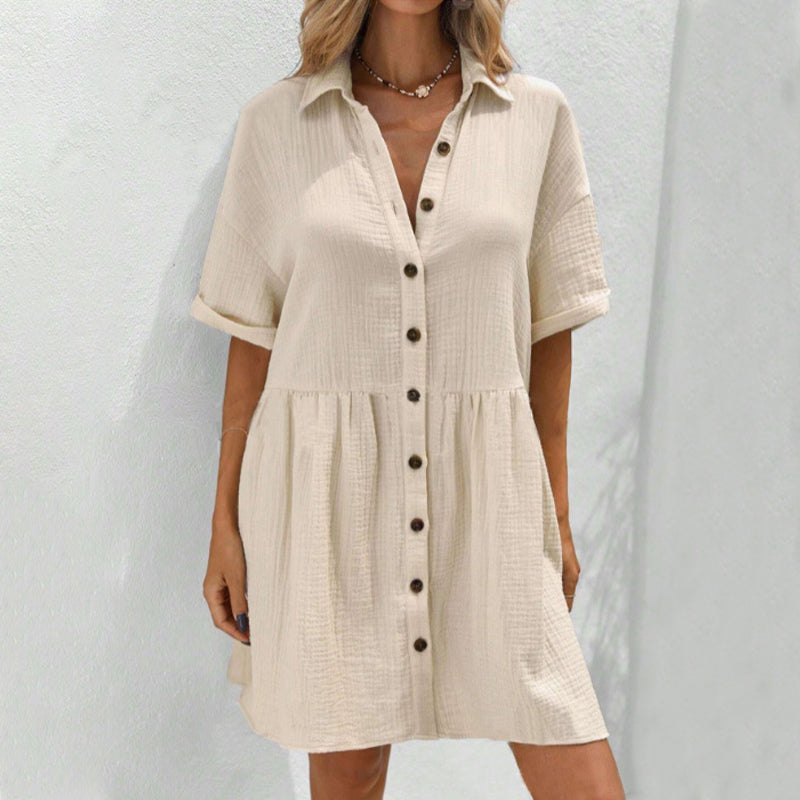 💃2026 Summer Hot Sale 70% OFF✨Women's Short Sleeve Button Down Textured Babydoll Dress Dress with Pockets