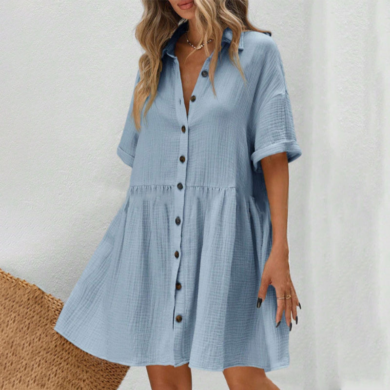 💃2026 Summer Hot Sale 70% OFF✨Women's Short Sleeve Button Down Textured Babydoll Dress Dress with Pockets