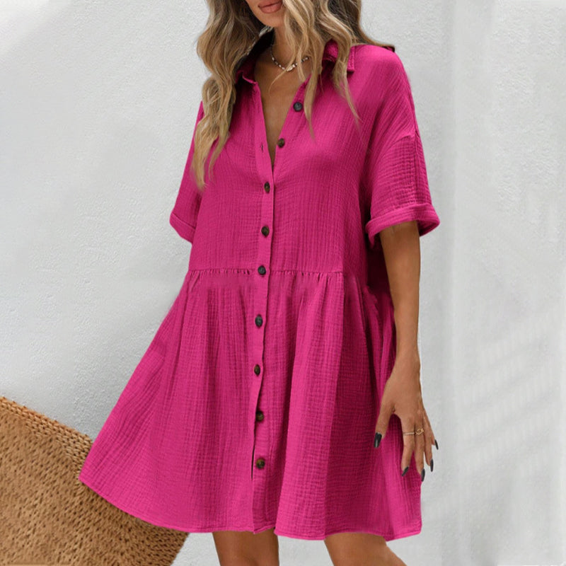 💃2026 Summer Hot Sale 70% OFF✨Women's Short Sleeve Button Down Textured Babydoll Dress Dress with Pockets
