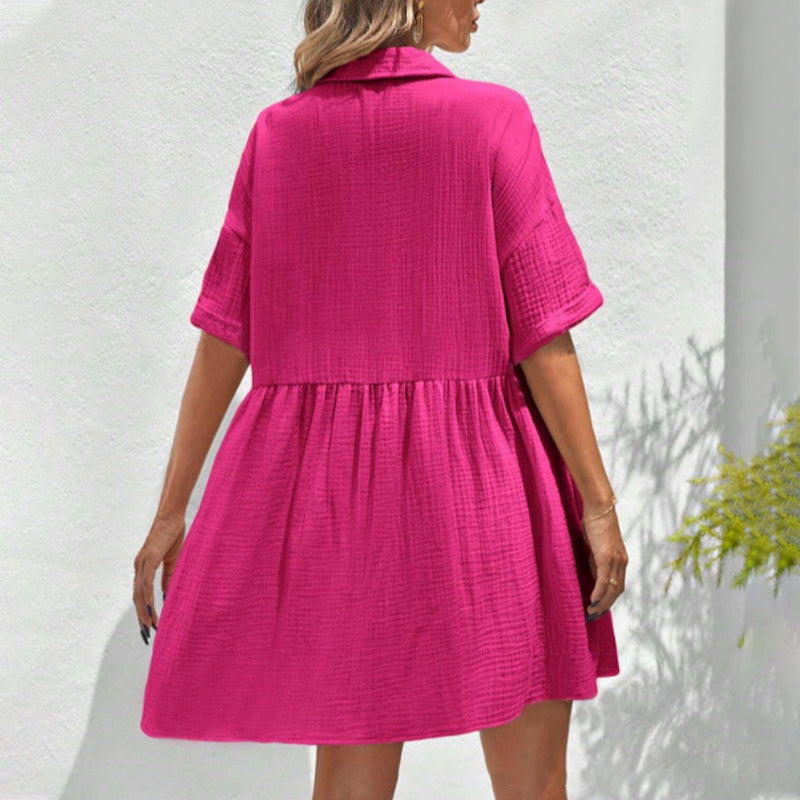 💃2026 Summer Hot Sale 70% OFF✨Women's Short Sleeve Button Down Textured Babydoll Dress Dress with Pockets