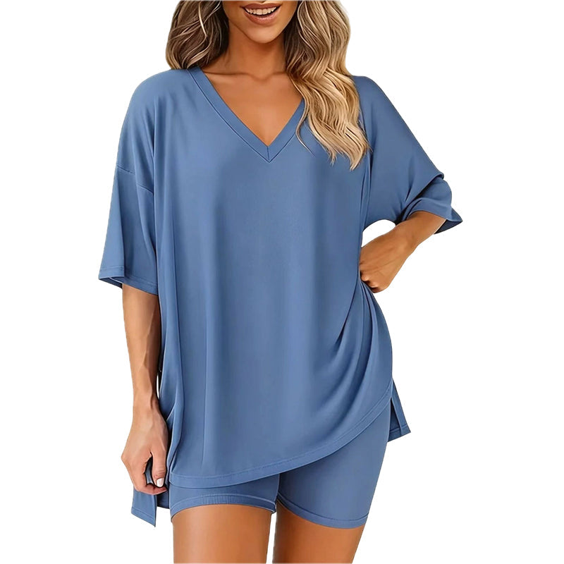 📢HOT SALE 50% OFF !! ⏰Women’s Summer Loungewear Set – Oversized V-Neck Top & Shorts 🌿☕