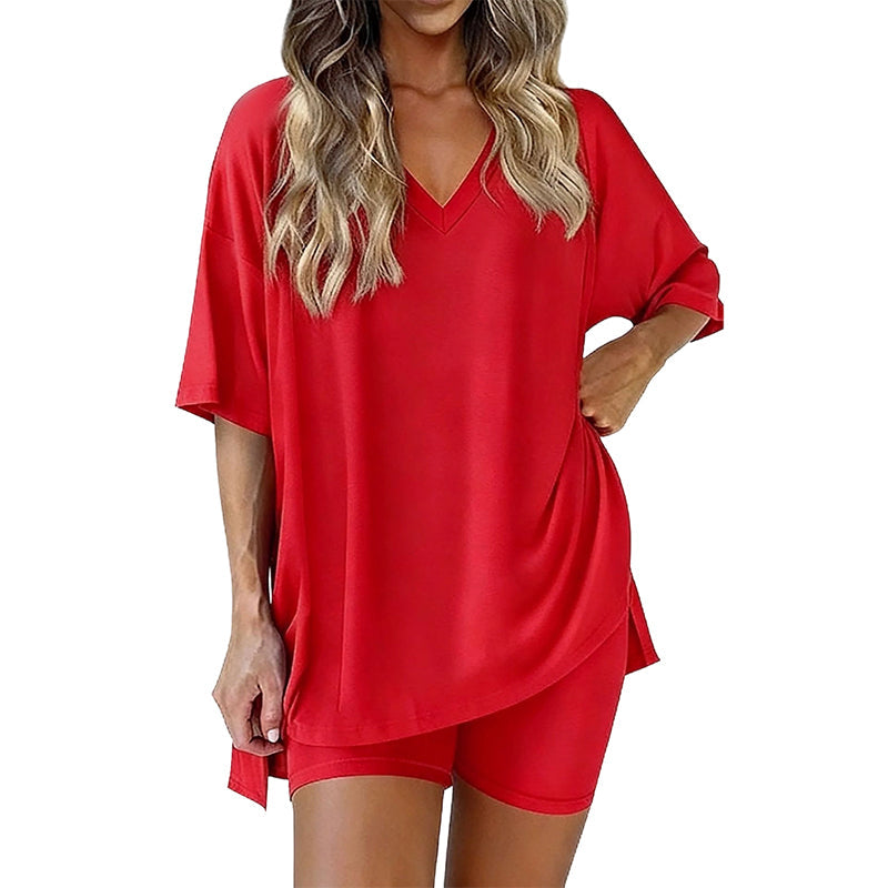 📢HOT SALE 50% OFF !! ⏰Women’s Summer Loungewear Set – Oversized V-Neck Top & Shorts 🌿☕