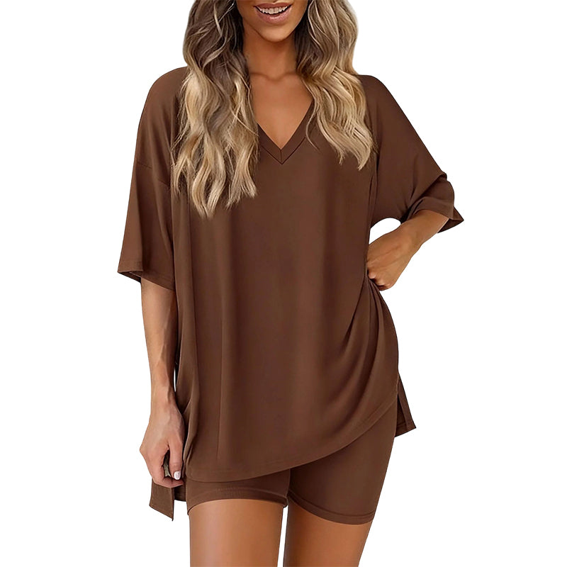 📢HOT SALE 50% OFF !! ⏰Women’s Summer Loungewear Set – Oversized V-Neck Top & Shorts 🌿☕