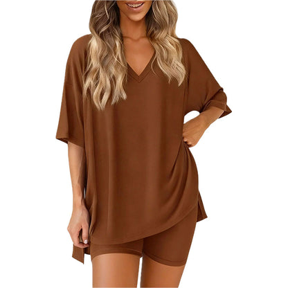 📢HOT SALE 50% OFF !! ⏰Women’s Summer Loungewear Set – Oversized V-Neck Top & Shorts 🌿☕