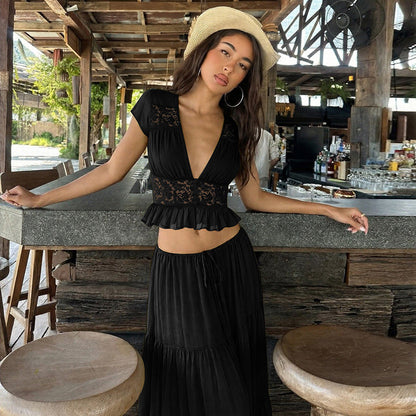 Elegant Lace V-Neck Top & Maxi Skirt Set