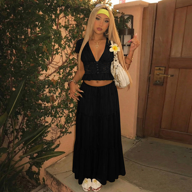 Elegant Lace V-Neck Top & Maxi Skirt Set