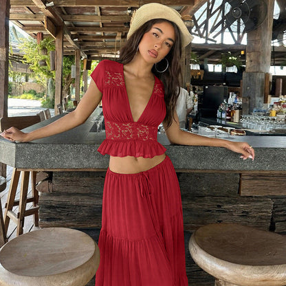 Elegant Lace V-Neck Top & Maxi Skirt Set