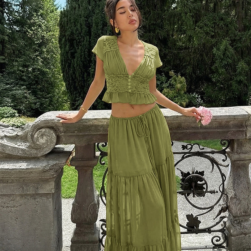 Elegant Lace V-Neck Top & Maxi Skirt Set