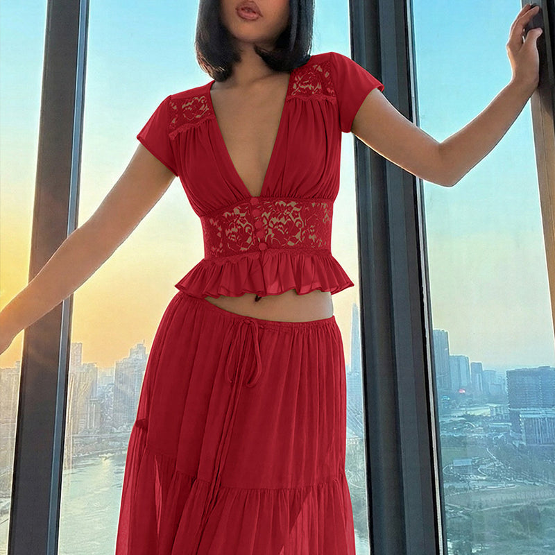 Elegant Lace V-Neck Top & Maxi Skirt Set