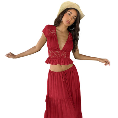 Elegant Lace V-Neck Top & Maxi Skirt Set
